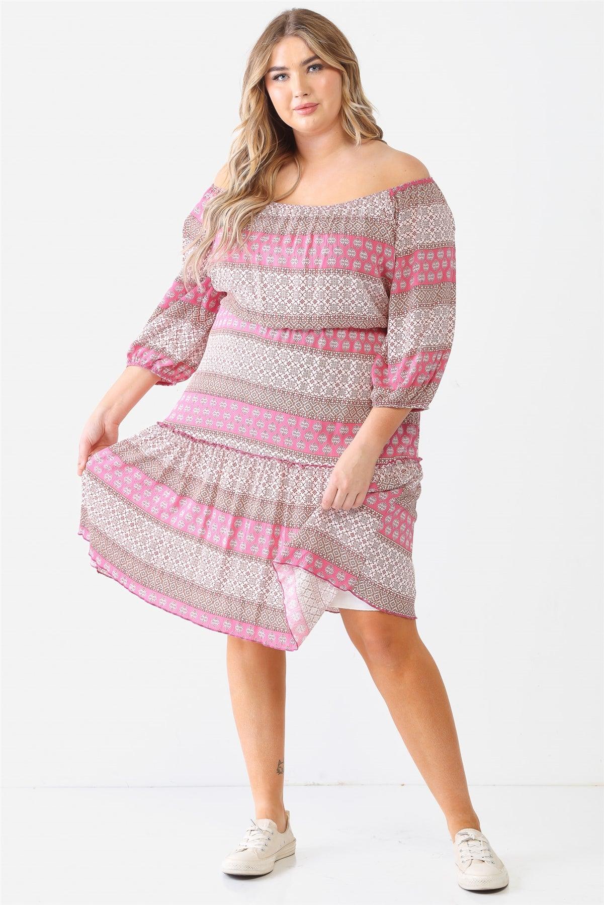 Junior Plus Pink Combo Printed Textured Ruffle Flare Hem Mini Dress /1-1-1