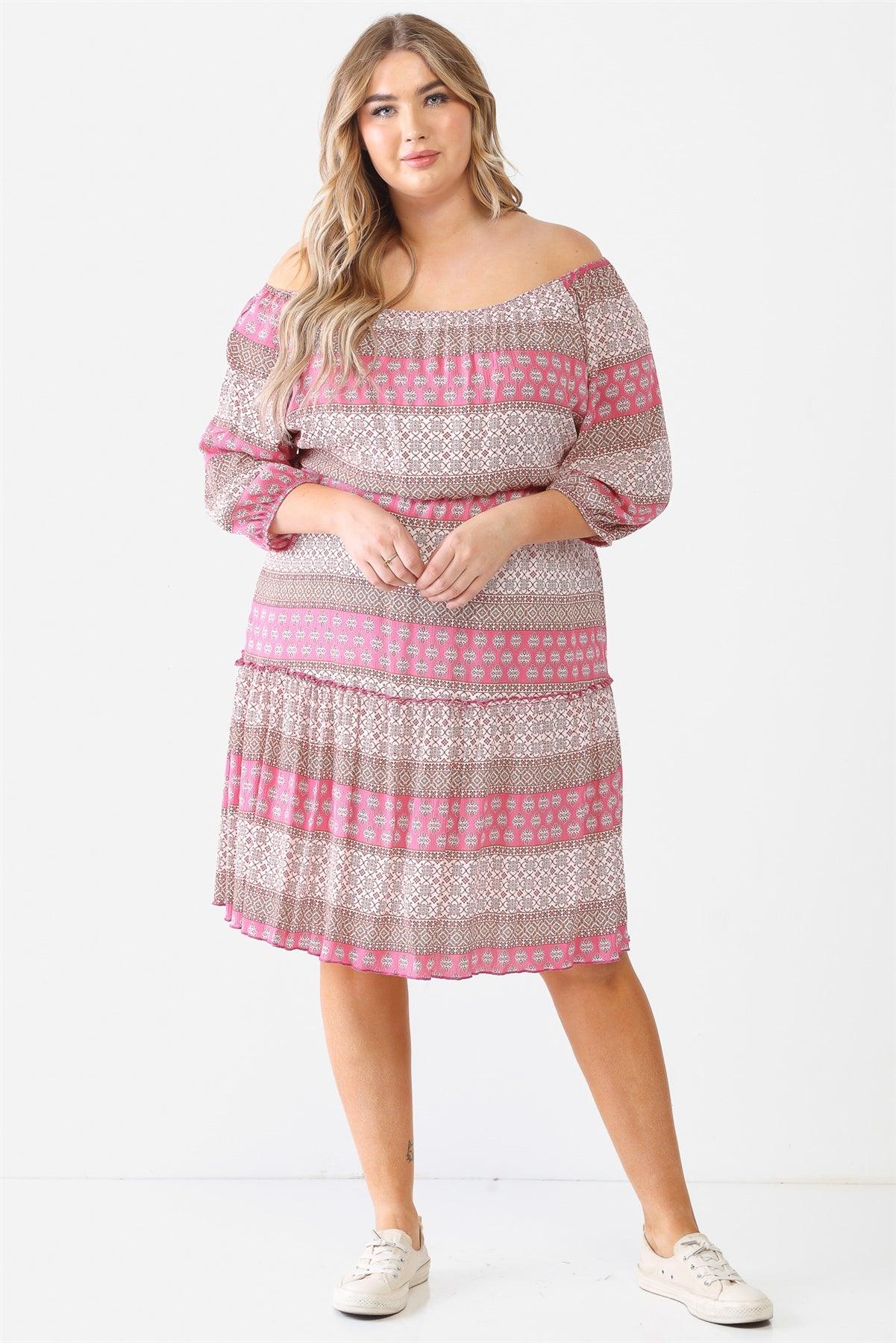 Junior Plus Pink Combo Printed Textured Ruffle Flare Hem Mini Dress /1-1-1
