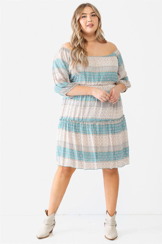 Junior Plus Sage Combo Printed Textured Ruffle Flare Hem Midi Dress /1-1-1 - Tasha Apparel Wholesale