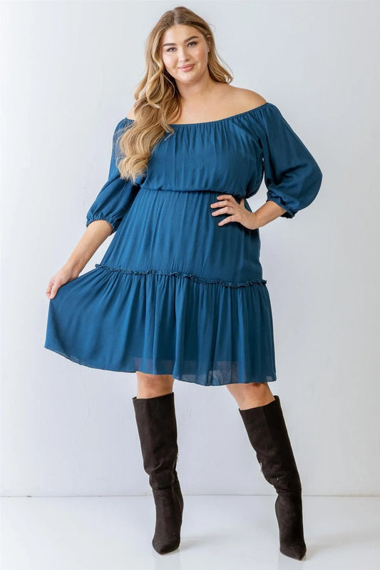 Junior Plus Teal Textured Ruffle Flare Hem Mini Dress /1-1-1 - Tasha Apparel Wholesale