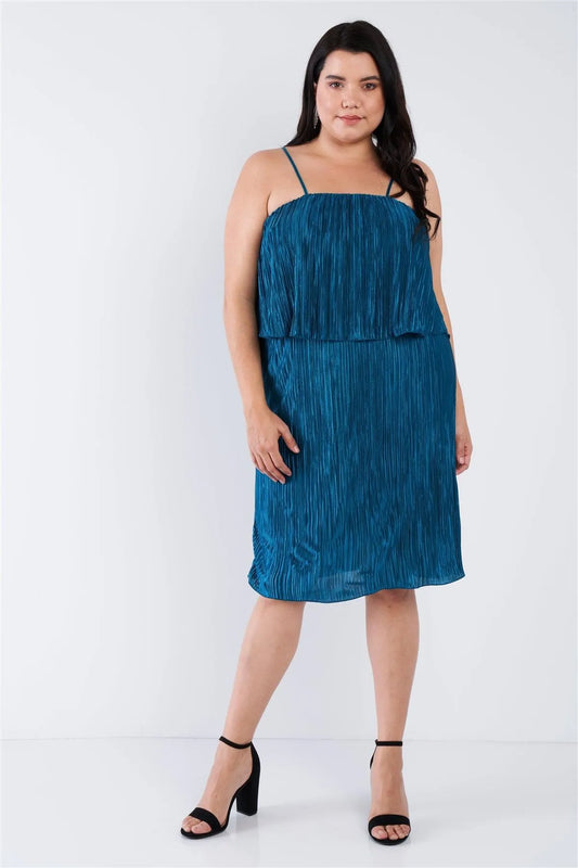 Junior Plus Size Teal Scrunch Texture Layered Midi Dress /2-2-2 - Tasha Apparel Wholesale