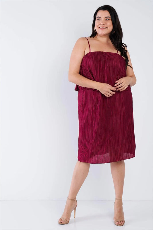 Plus Size Wine Scrunch Texture Layered Midi Dress - Tasha Apparel Wholesale