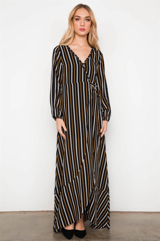 Black Orange Stripe Wrap Around Hi-Low Ladder Trim Maxi Dress / 2-2-2 - Tasha Apparel Wholesale