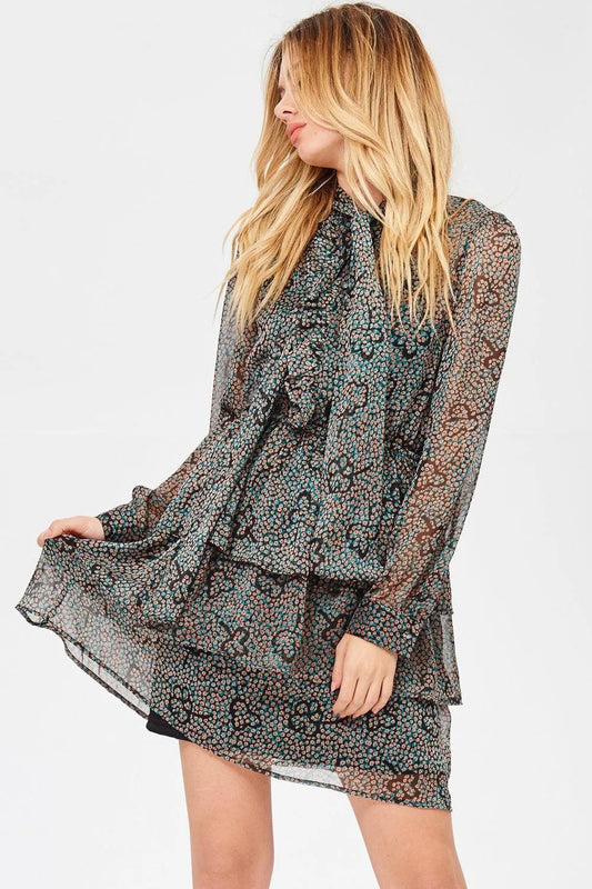 Brown Print Tiered Ruffle Tie Neck Mini Dress /3-2-1 - Tasha Apparel Wholesale