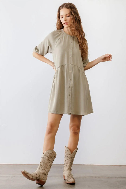 Dark Sage Satin Button-Up Puff Midi Sleeve Relaxed Fit Mini Dress /3-2-2 - Tasha Apparel Wholesale