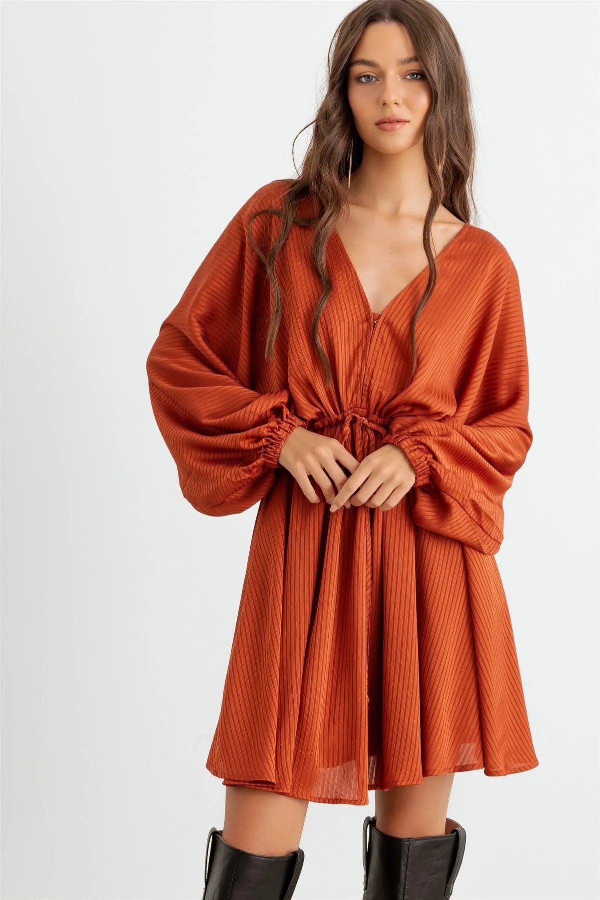 Rust Striped Batwing Sleeve Wrap Tie Back Mini Dress /2-2-2 - Tasha Apparel Wholesale