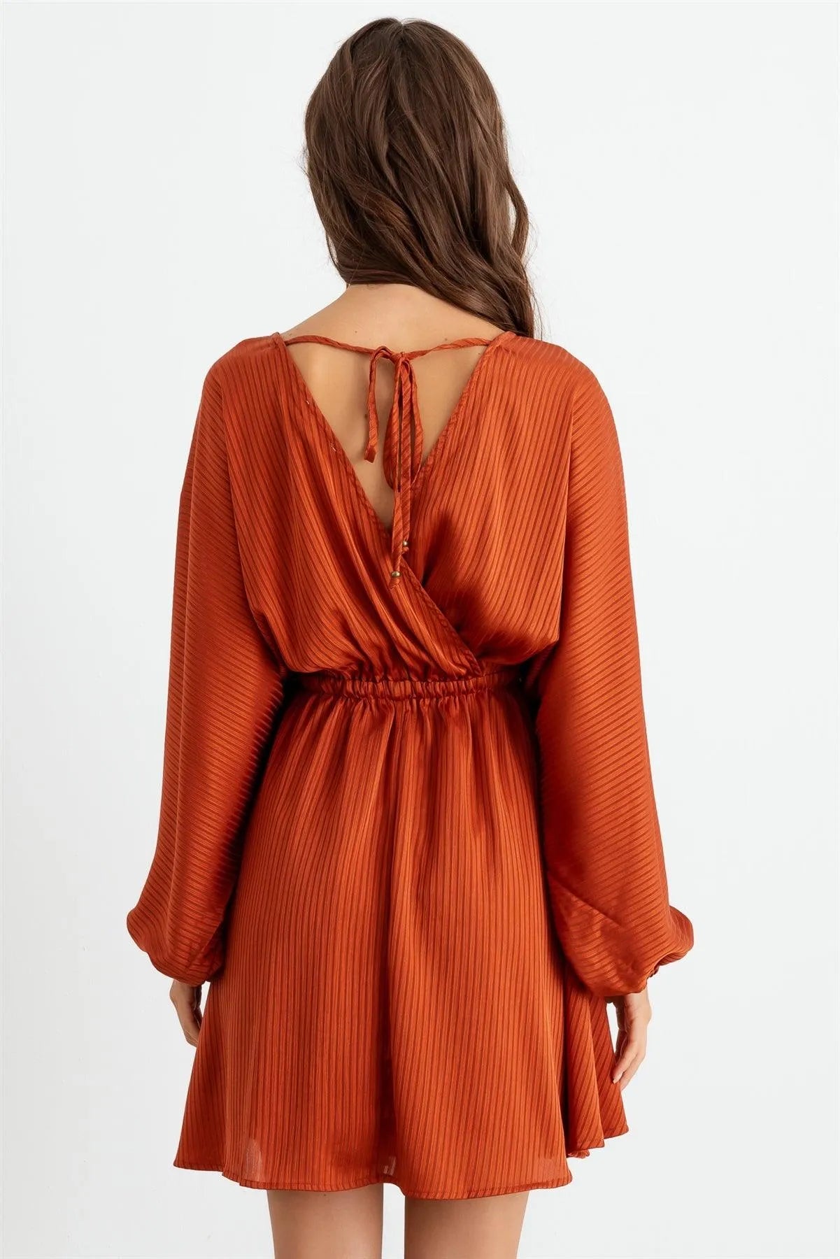 Rust Striped Batwing Sleeve Wrap Tie Back Mini Dress /2-2-2 - Tasha Apparel Wholesale