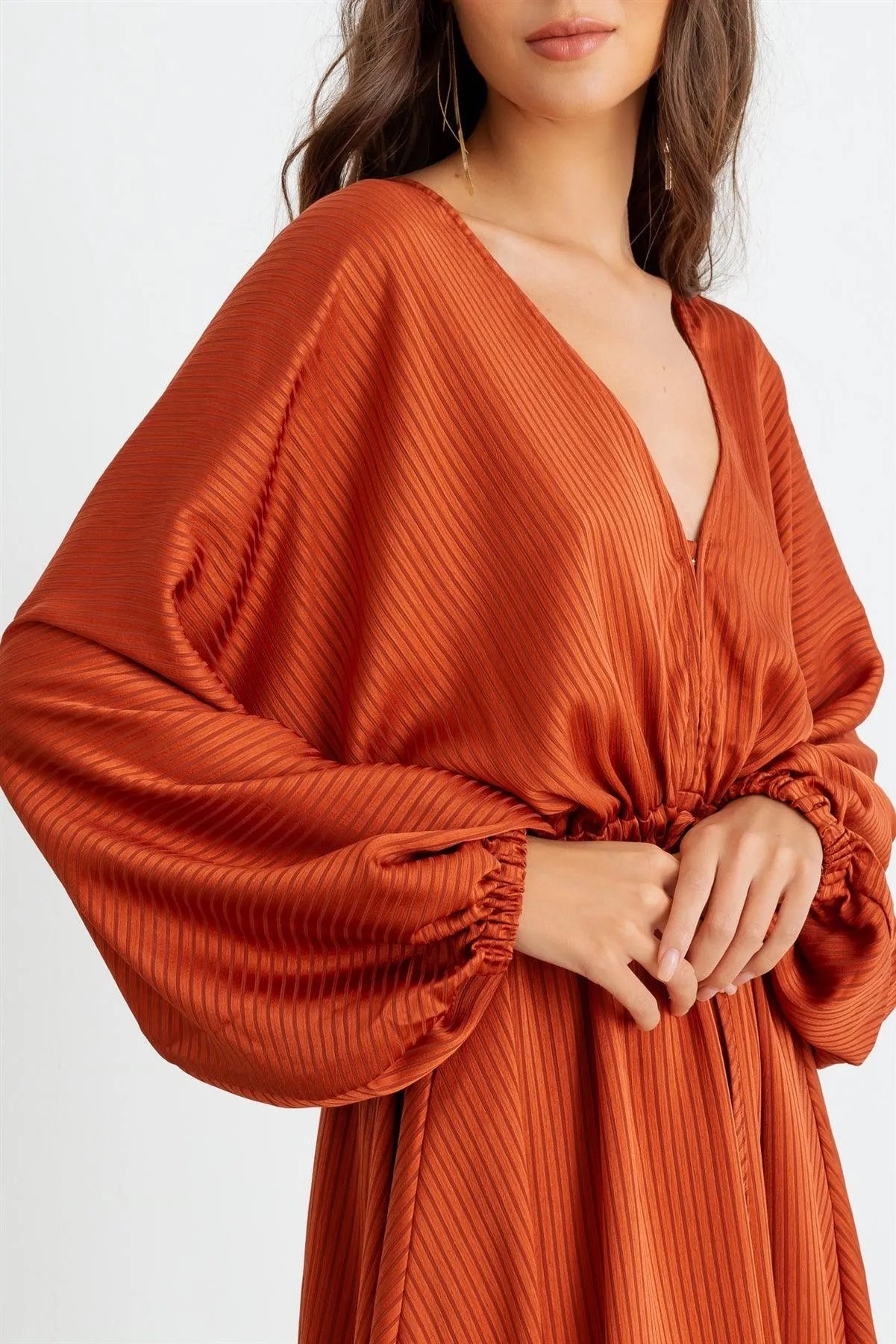 Rust Striped Batwing Sleeve Wrap Tie Back Mini Dress /2-2-2 - Tasha Apparel Wholesale