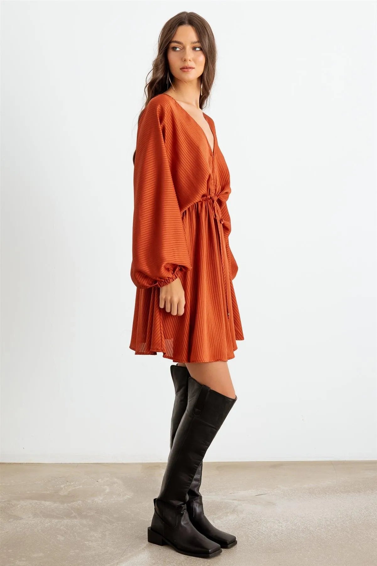 Rust Striped Batwing Sleeve Wrap Tie Back Mini Dress /2-2-2 - Tasha Apparel Wholesale