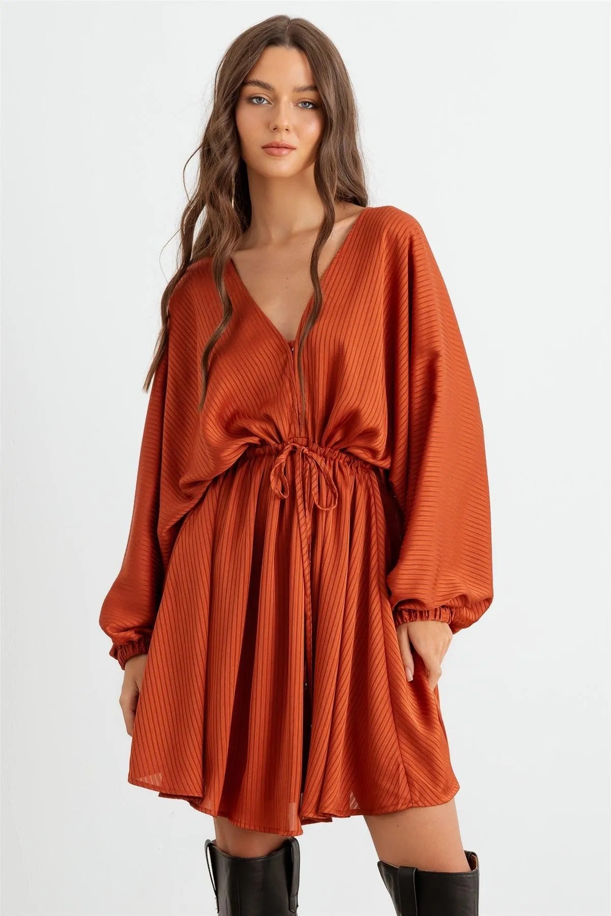 Rust Striped Batwing Sleeve Wrap Tie Back Mini Dress /2-2-2 - Tasha Apparel Wholesale