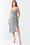 Grey Floral Print Satin Wrap V-Neck Strappy Wrap Midi Dress /2-2-2