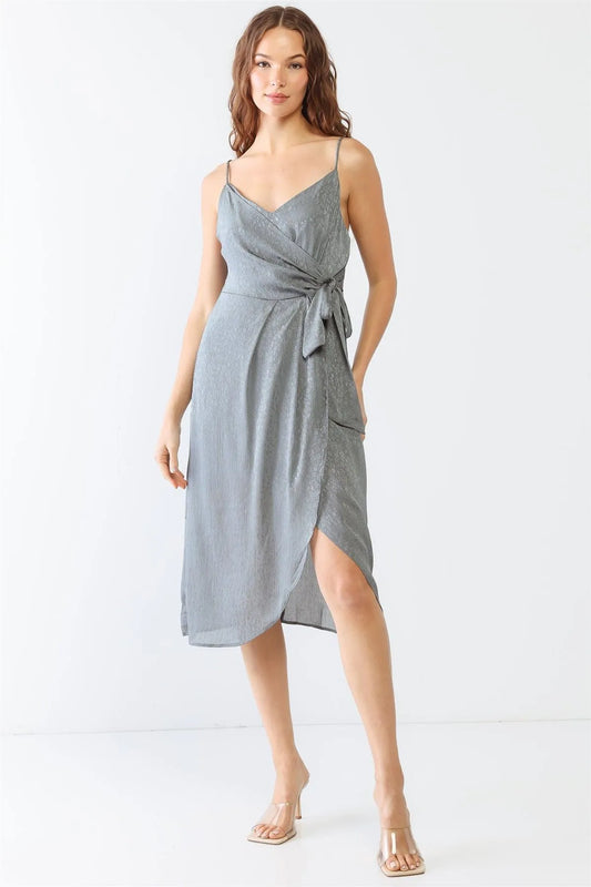 Grey Floral Print Satin Wrap V-Neck Strappy Wrap Midi Dress /2-2-2 - Tasha Apparel Wholesale