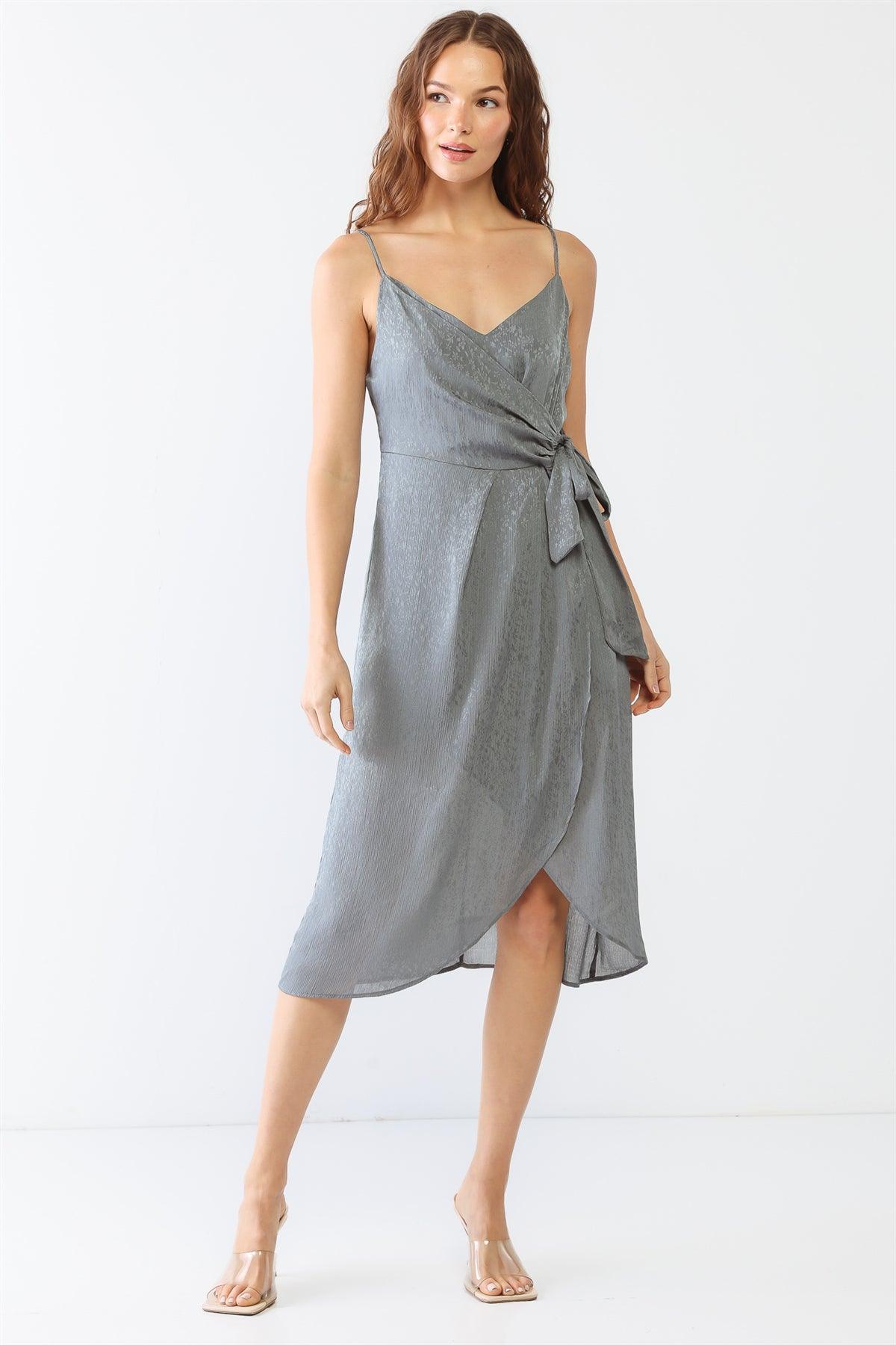 Grey Floral Print Satin Wrap V-Neck Strappy Wrap Midi Dress /2-2-2