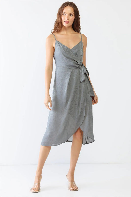 Grey Floral Print Satin Wrap V-Neck Strappy Wrap Midi Dress /1-2-2 - Tasha Apparel Wholesale