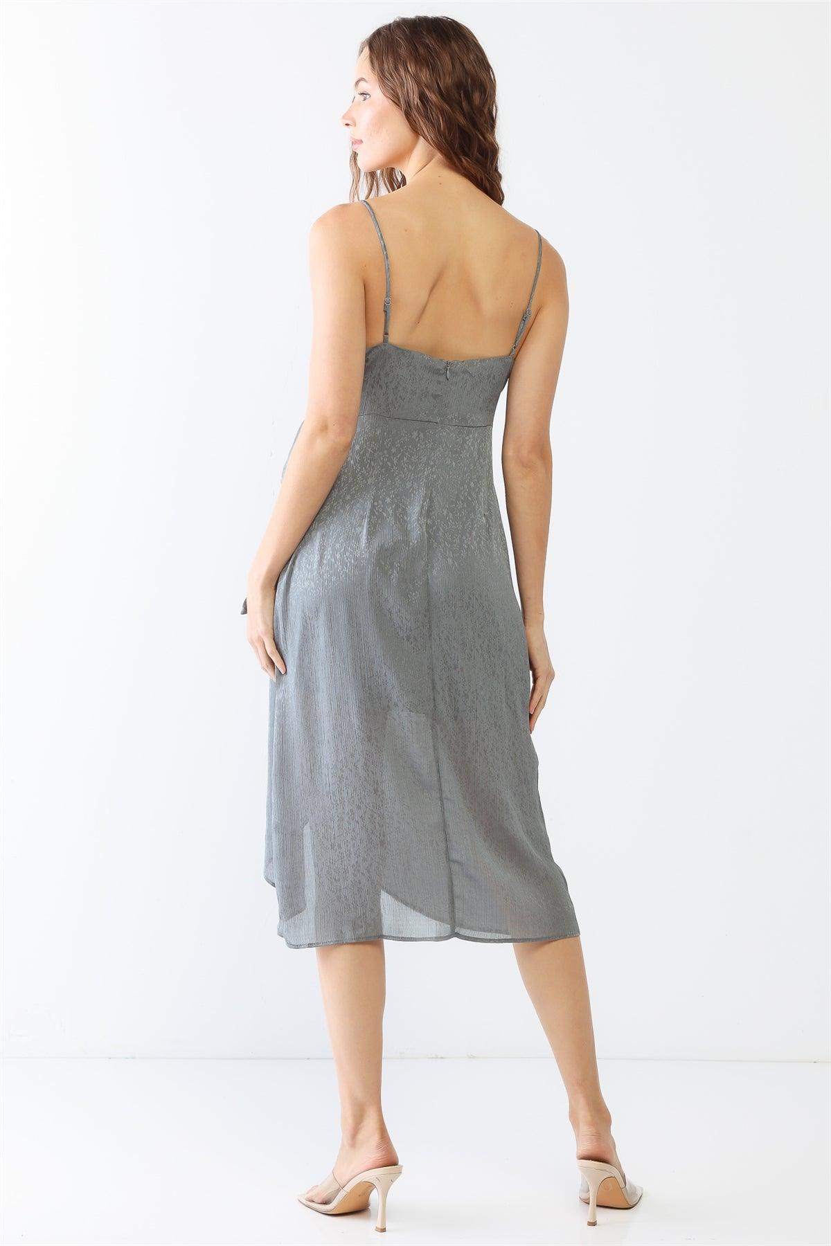 Grey Floral Print Satin Wrap V-Neck Strappy Wrap Midi Dress /1-2-2