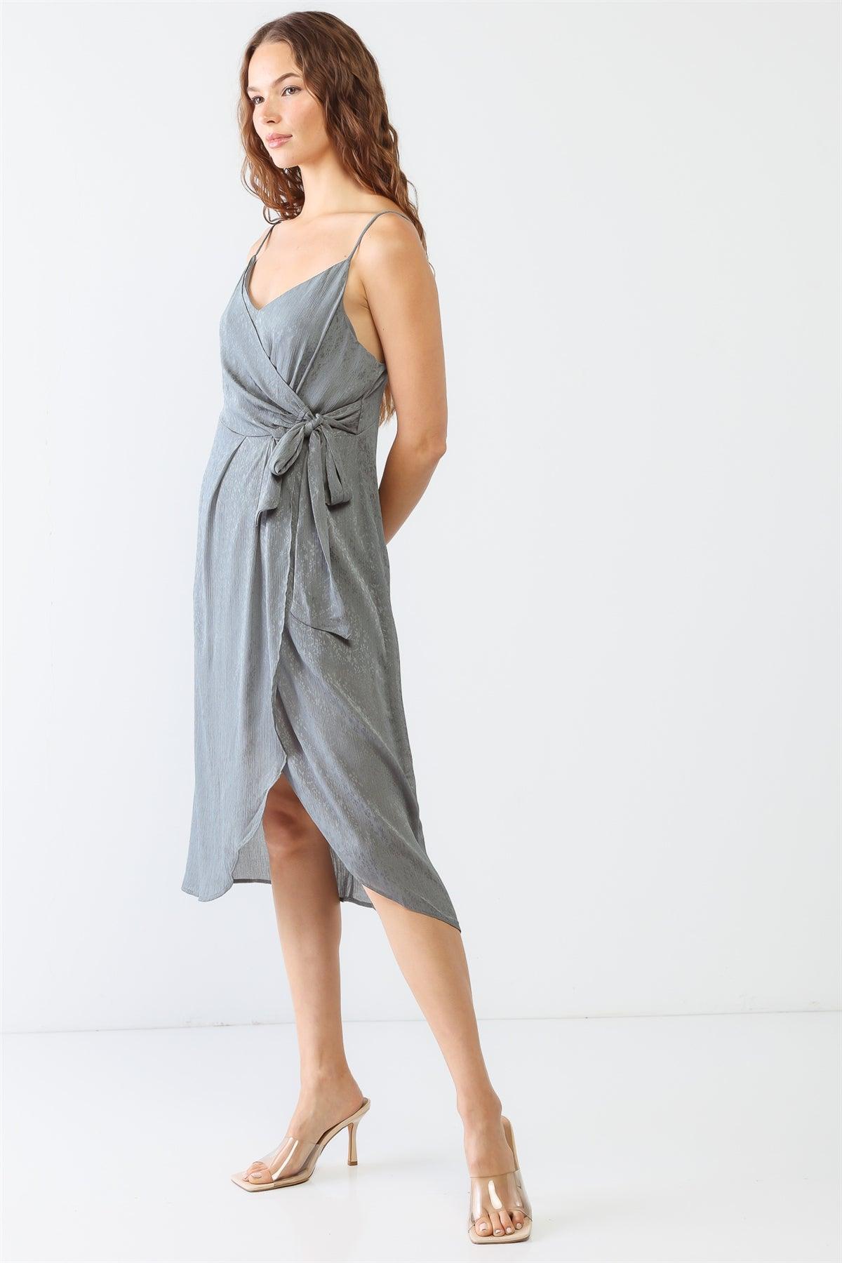 Grey Floral Print Satin Wrap V-Neck Strappy Wrap Midi Dress /1-2-2