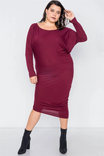 Junior Plus Size Burgundy Semi-Sheer Asymmetrical Midi Bodycon Dress /2-2-2