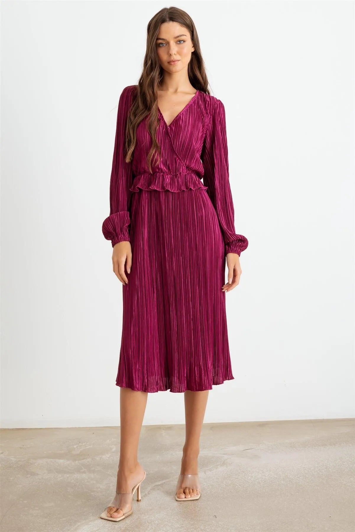 Wine Pleated V-Neck Long Sleeve Midi Dress /2-2-2 - Tasha Apparel Wholesale