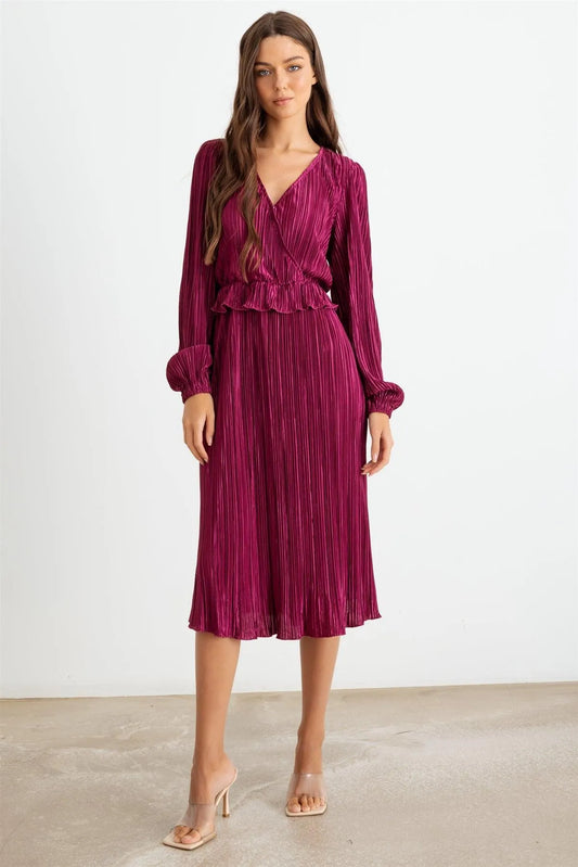 Wine Pleated V-Neck Long Sleeve Midi Dress /2-2-2 - Tasha Apparel Wholesale