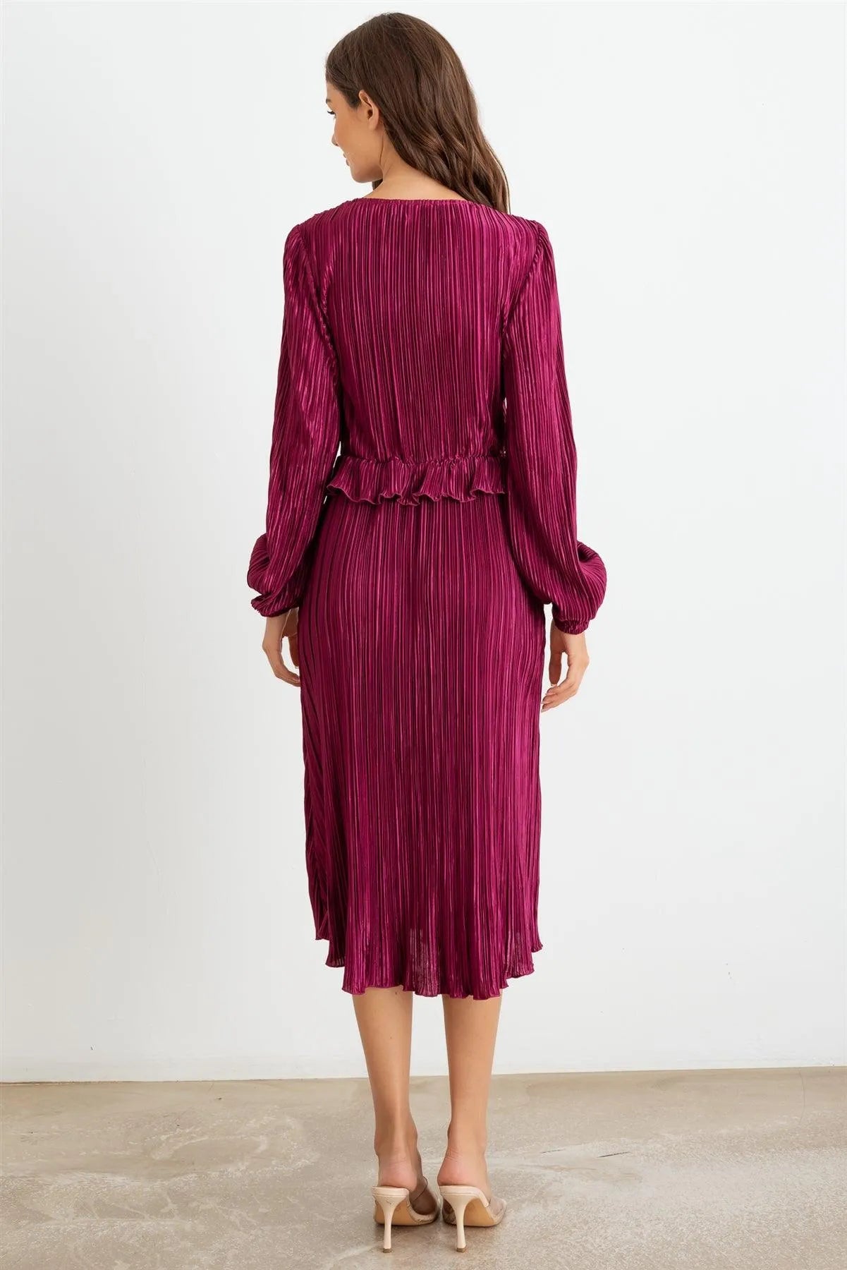 Wine Pleated V-Neck Long Sleeve Midi Dress /2-2-2 - Tasha Apparel Wholesale