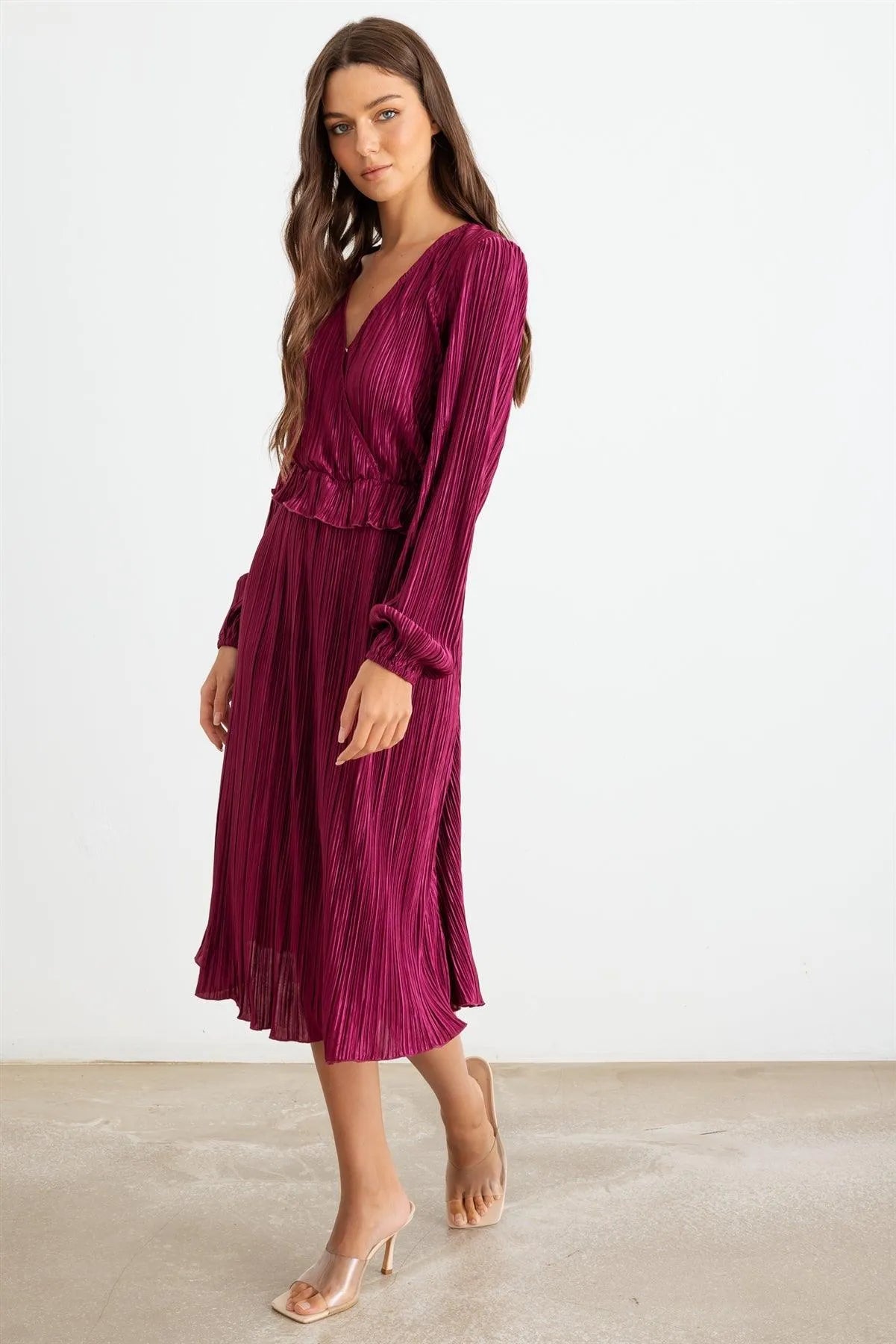 Wine Pleated V-Neck Long Sleeve Midi Dress /2-2-2 - Tasha Apparel Wholesale