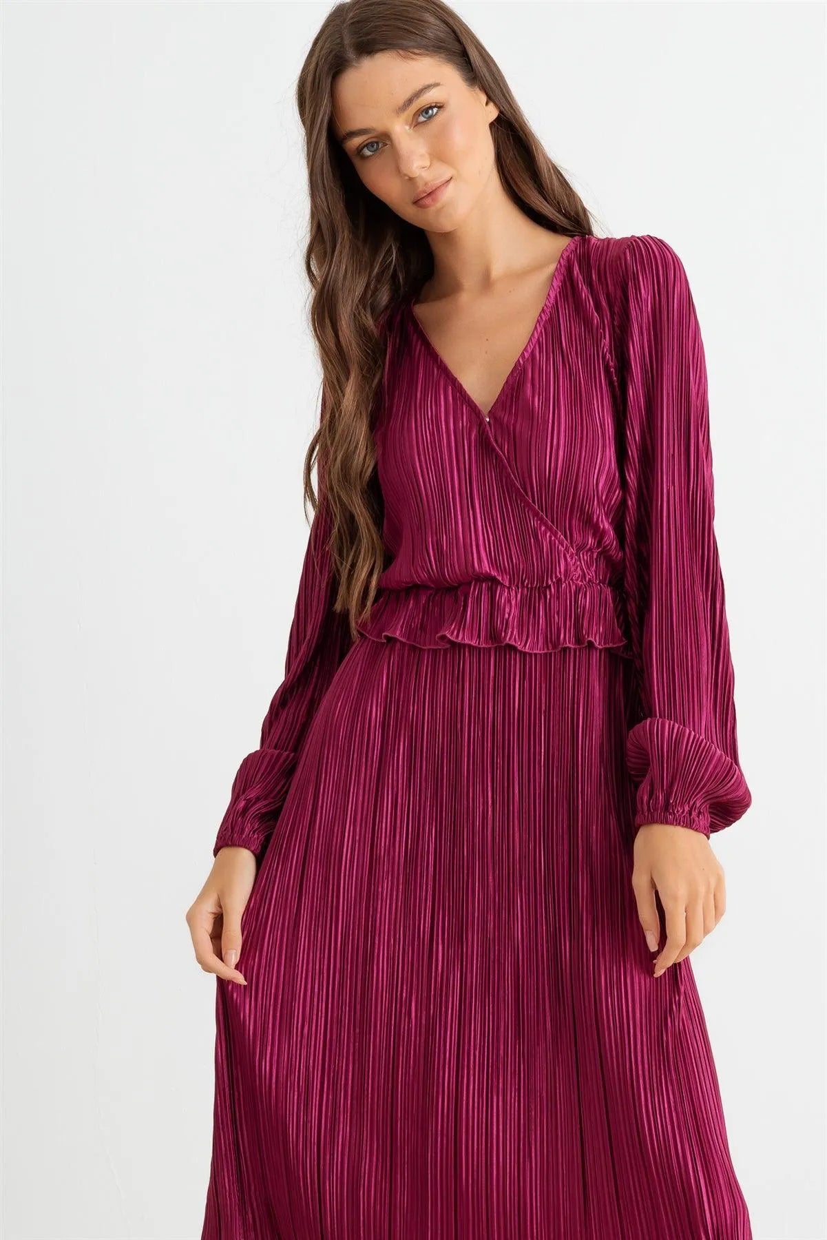 Wine Pleated V-Neck Long Sleeve Midi Dress /2-2-2 - Tasha Apparel Wholesale