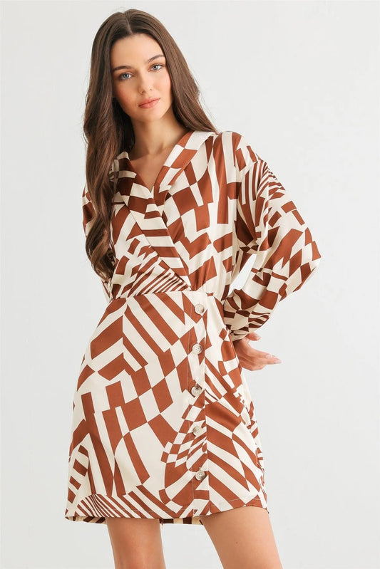 Ivory & Brown Abstract Satin Wrap Neck Button Mini Dress /2-2-2 - Tasha Apparel Wholesale