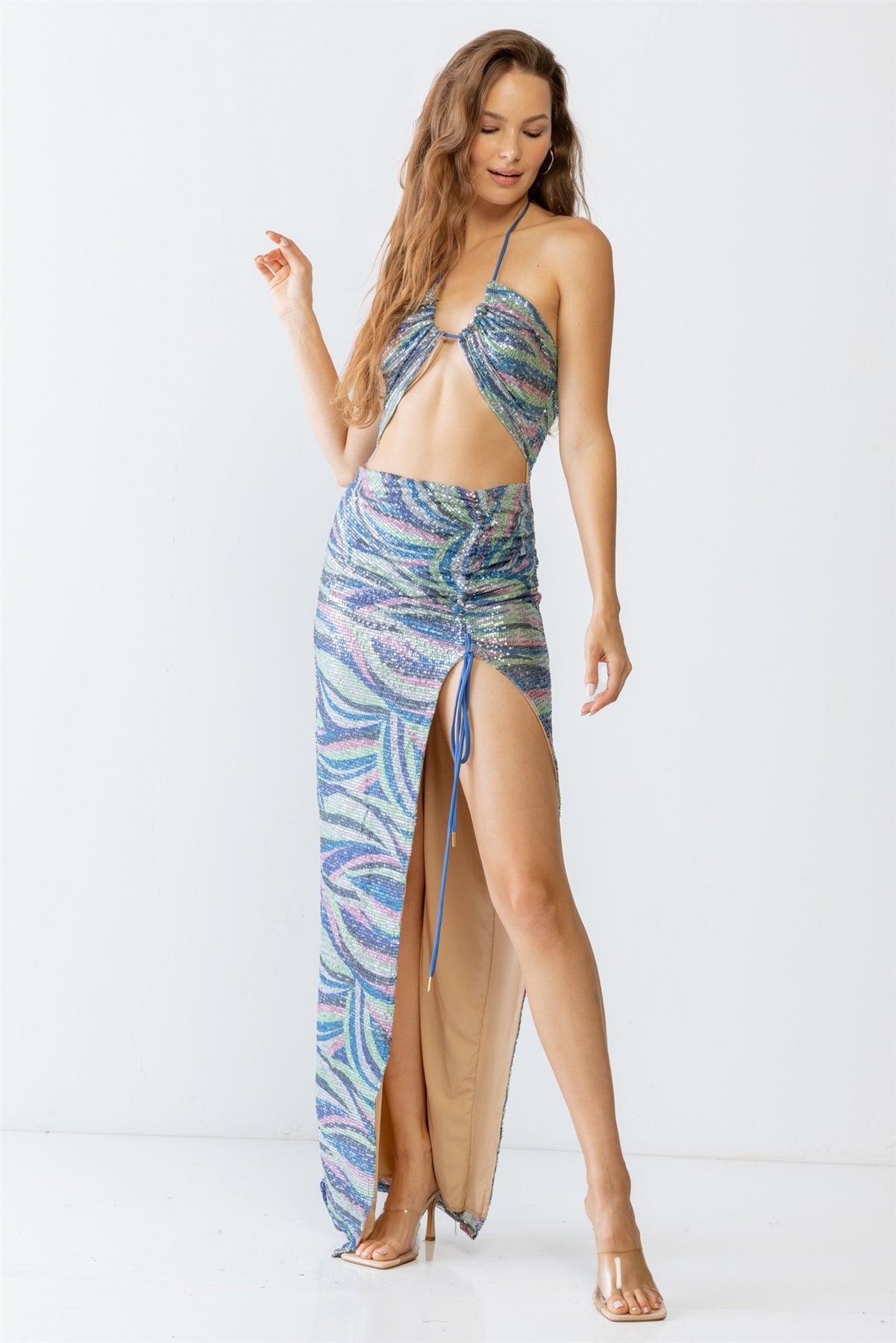 Blue Multi Printed Sequin Halter Neck Sleeveless Cut-Out & Ruched Detail Maxi Dress /2-2-1