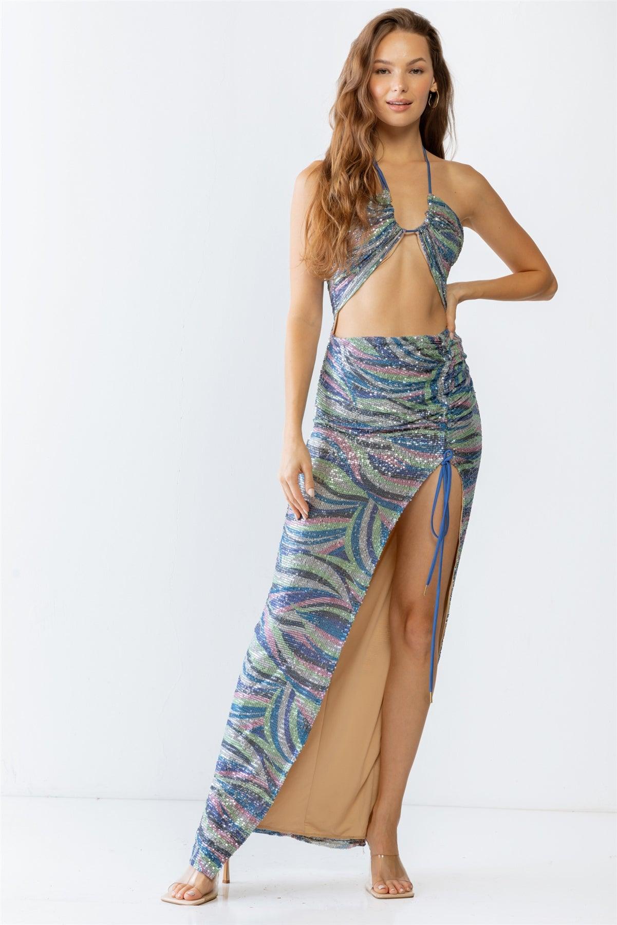 Blue Multi Printed Sequin Halter Neck Sleeveless Cut-Out & Ruched Detail Maxi Dress /2-2-1