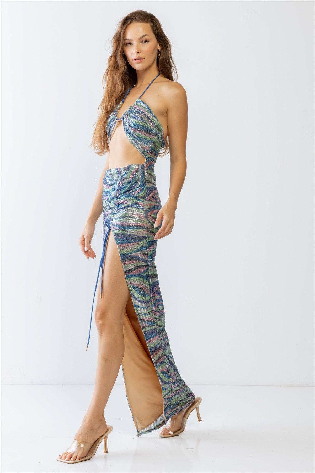 Blue Multi Printed Sequin Halter Neck Sleeveless Cut-Out & Ruched Detail Maxi Dress /3-2-1