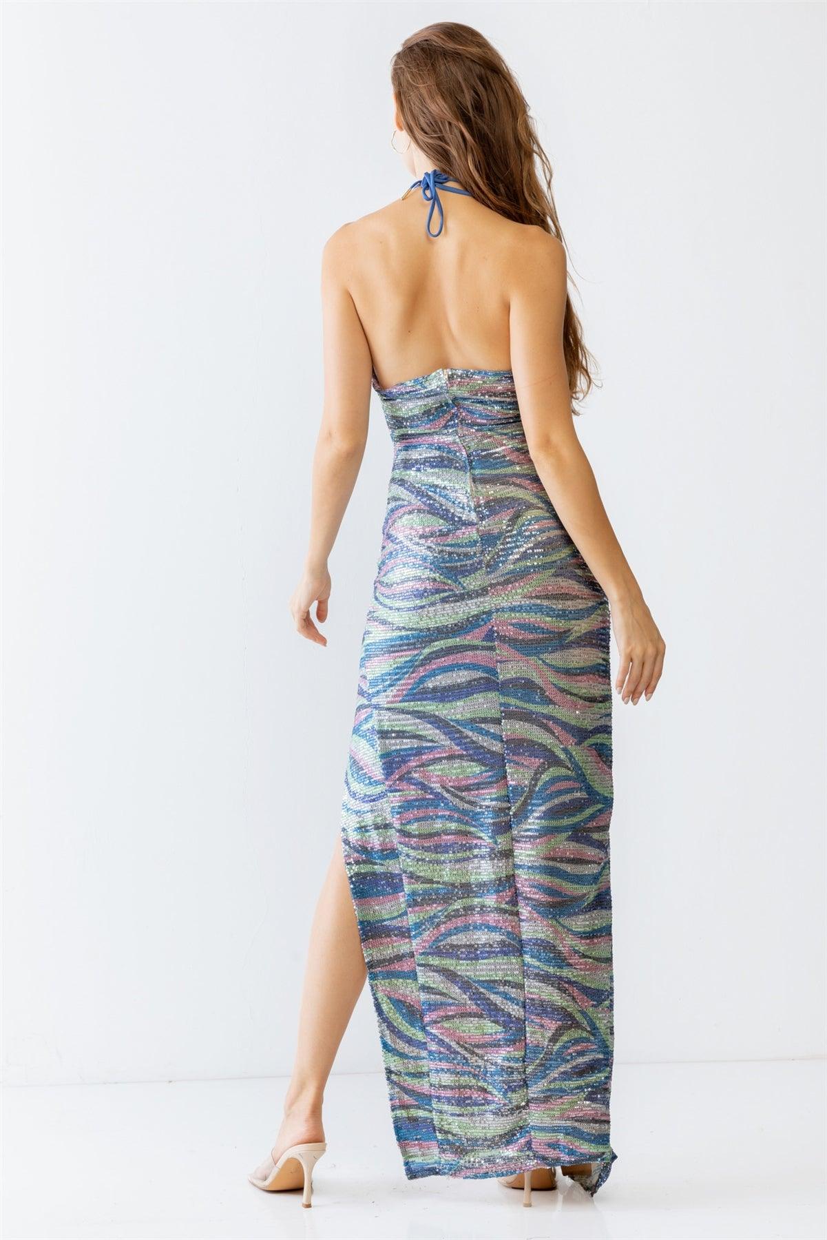 Blue Multi Printed Sequin Halter Neck Sleeveless Cut-Out & Ruched Detail Maxi Dress /3-2-1
