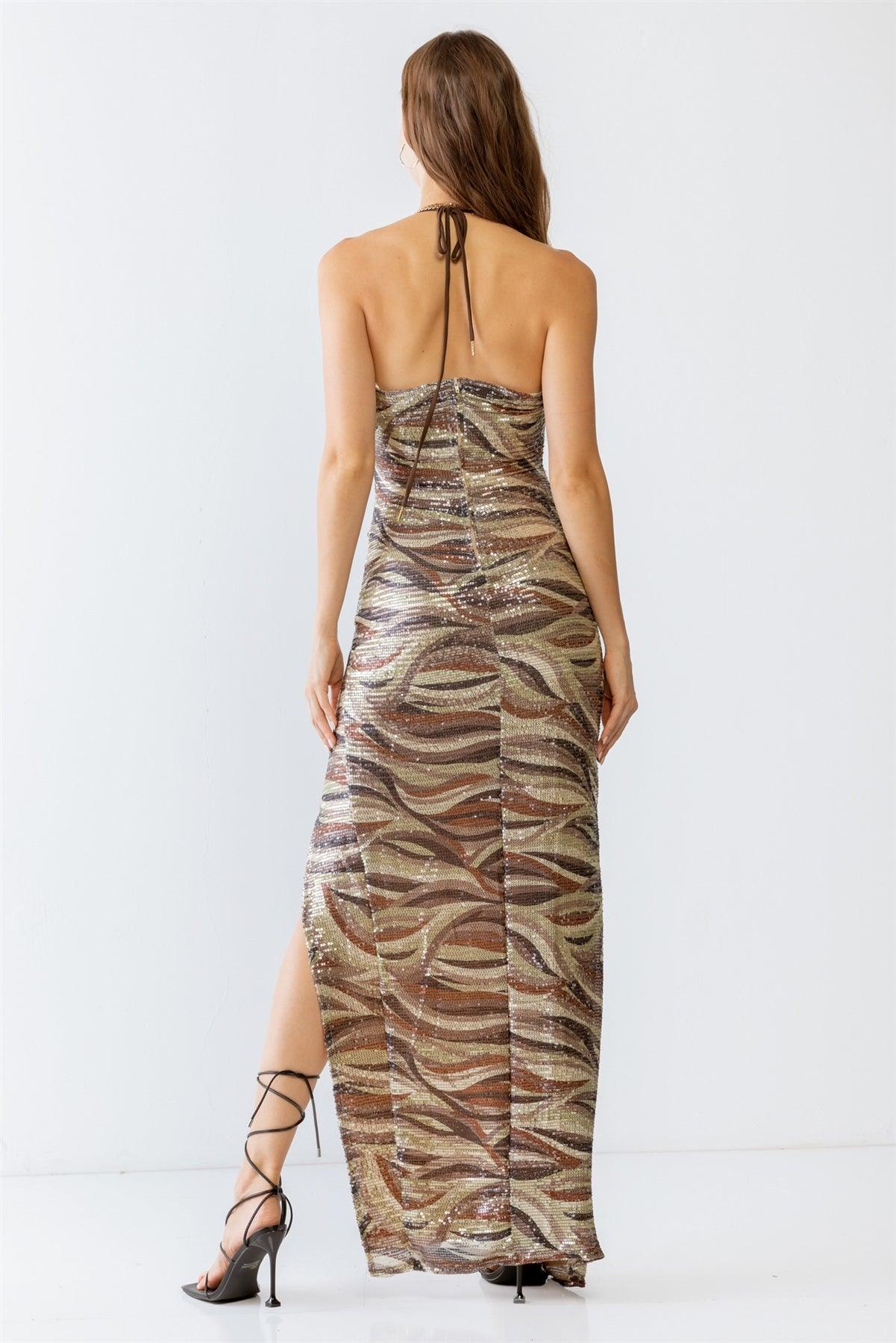 Brown Combo Printed Sequin Halter Neck Sleeveless Cut-Out & Ruched Detail Maxi Dress /3-2-1