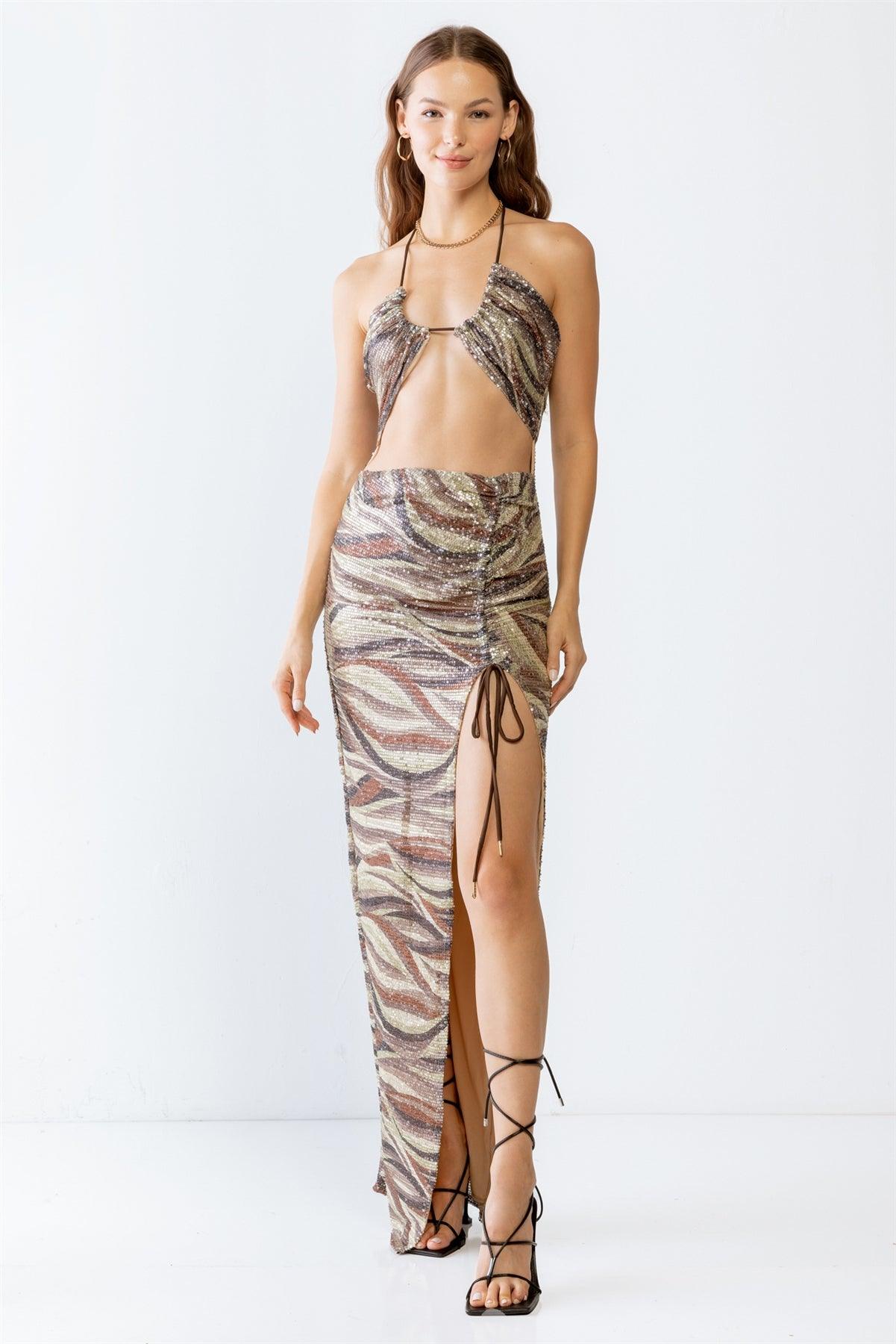 Brown Combo Printed Sequin Halter Neck Sleeveless Cut-Out & Ruched Detail Maxi Dress /3-2-1