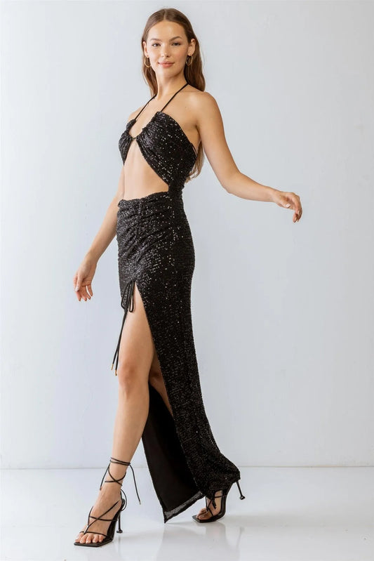 Black Sequin Halter Neck Sleeveless Cut-Out & Ruched Detail Maxi Dress /3-2-1 - Tasha Apparel Wholesale