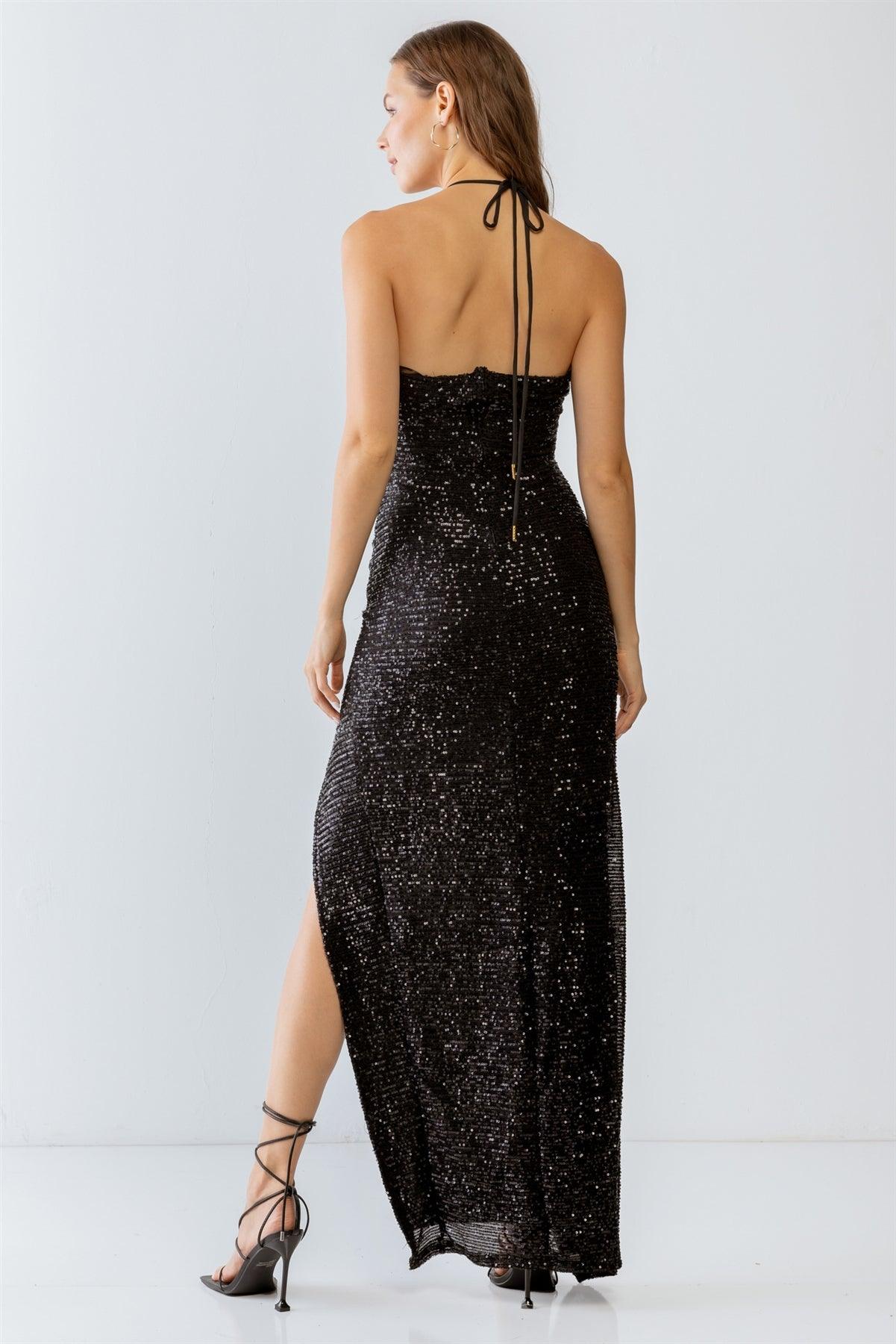 Black Sequin Halter Neck Sleeveless Cut-Out & Ruched Detail Maxi Dress /3-2-1