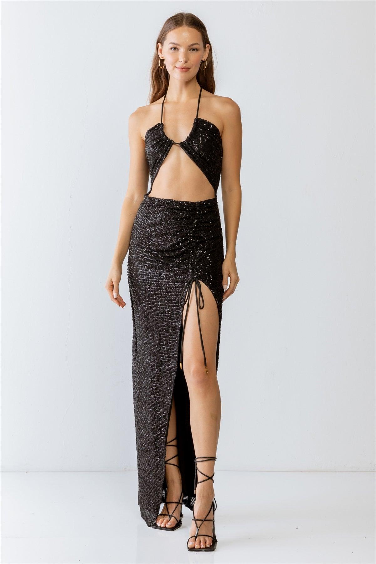 Black Sequin Halter Neck Sleeveless Cut-Out & Ruched Detail Maxi Dress /3-2-1