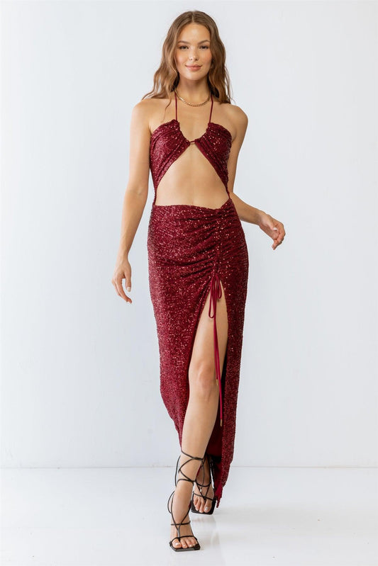 Burgundy Sequin Halter Neck Sleeveless Cut-Out & Ruched Detail Maxi Dress /3-2-1