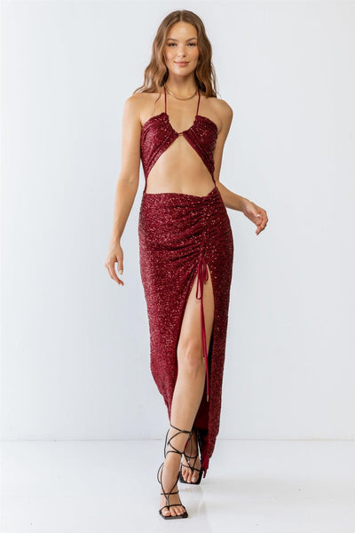 Sequin Halter Neck Sleeveless Cut-Out Ruched Detail Maxi Dress