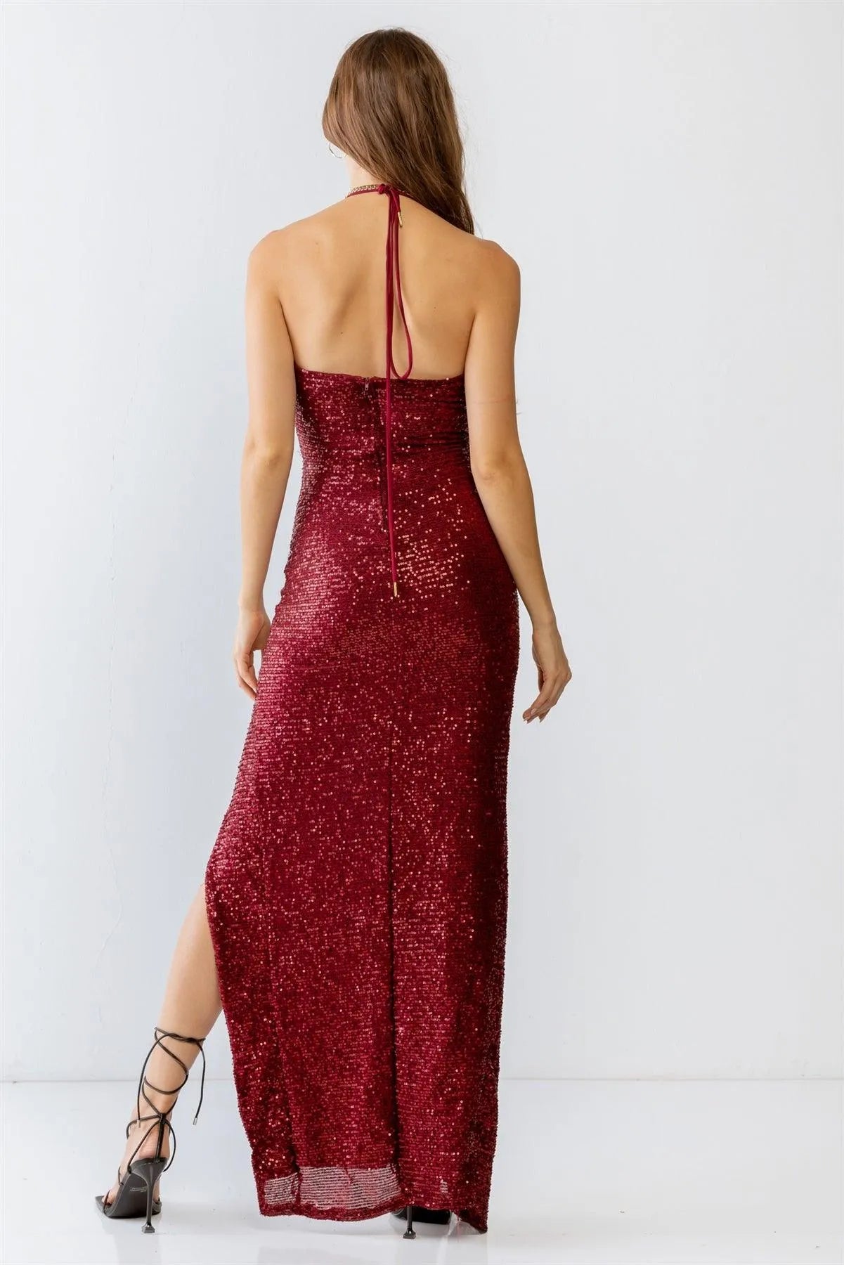 Burgundy Sequin Halter Neck Sleeveless Cut-Out & Ruched Detail Maxi Dress /3-2-1 Burgundy Sequin Halter Neck Sleeveless Cut-Out & Ruched Detail Maxi Dress /3-2-1