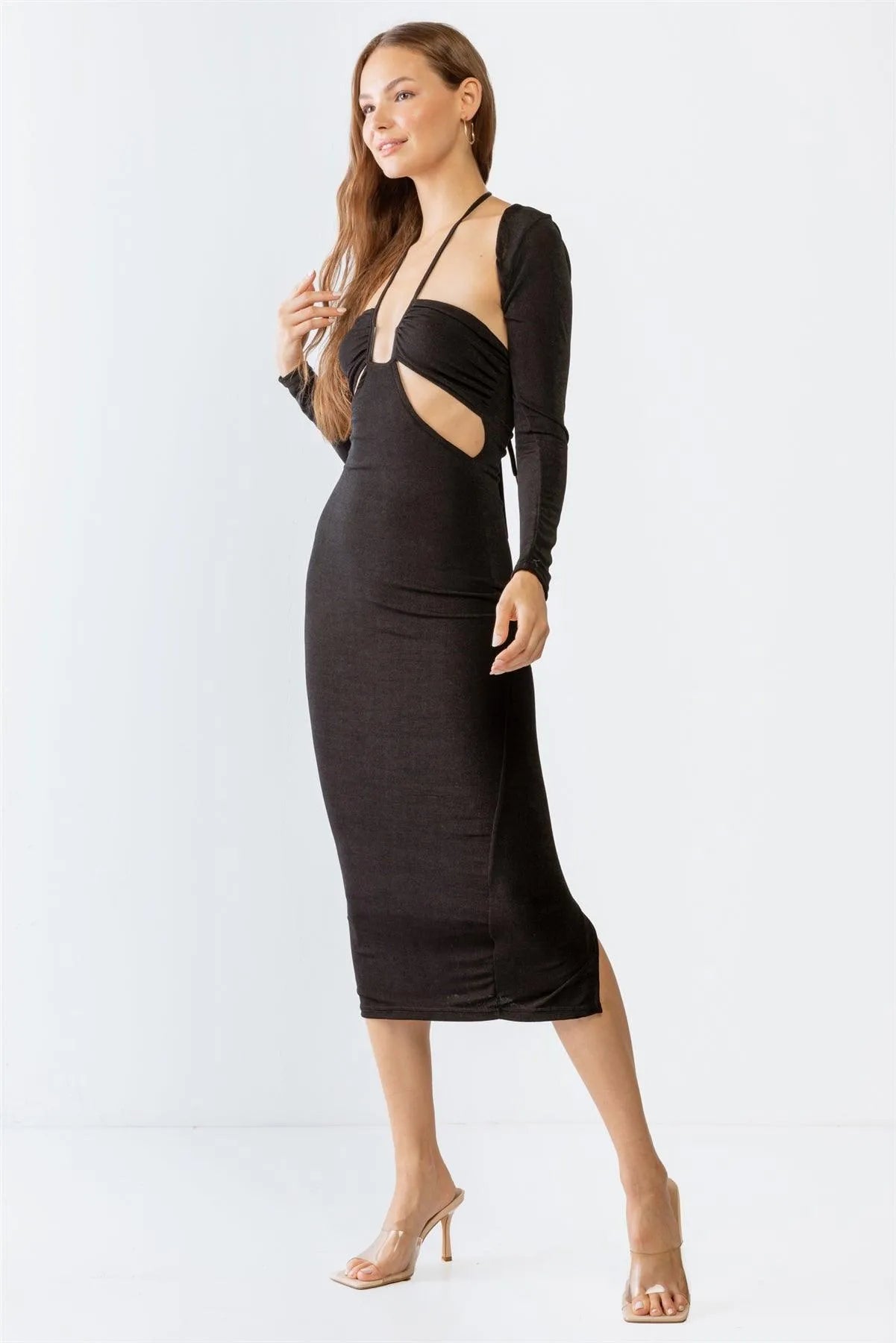 Black Cut-Out Midi Dress & Open Front Long Sleeve Cover-Up Set /3-2-2 Black Cut-Out Midi Dress & Open Front Long Sleeve Cover-Up Set /3-2-2