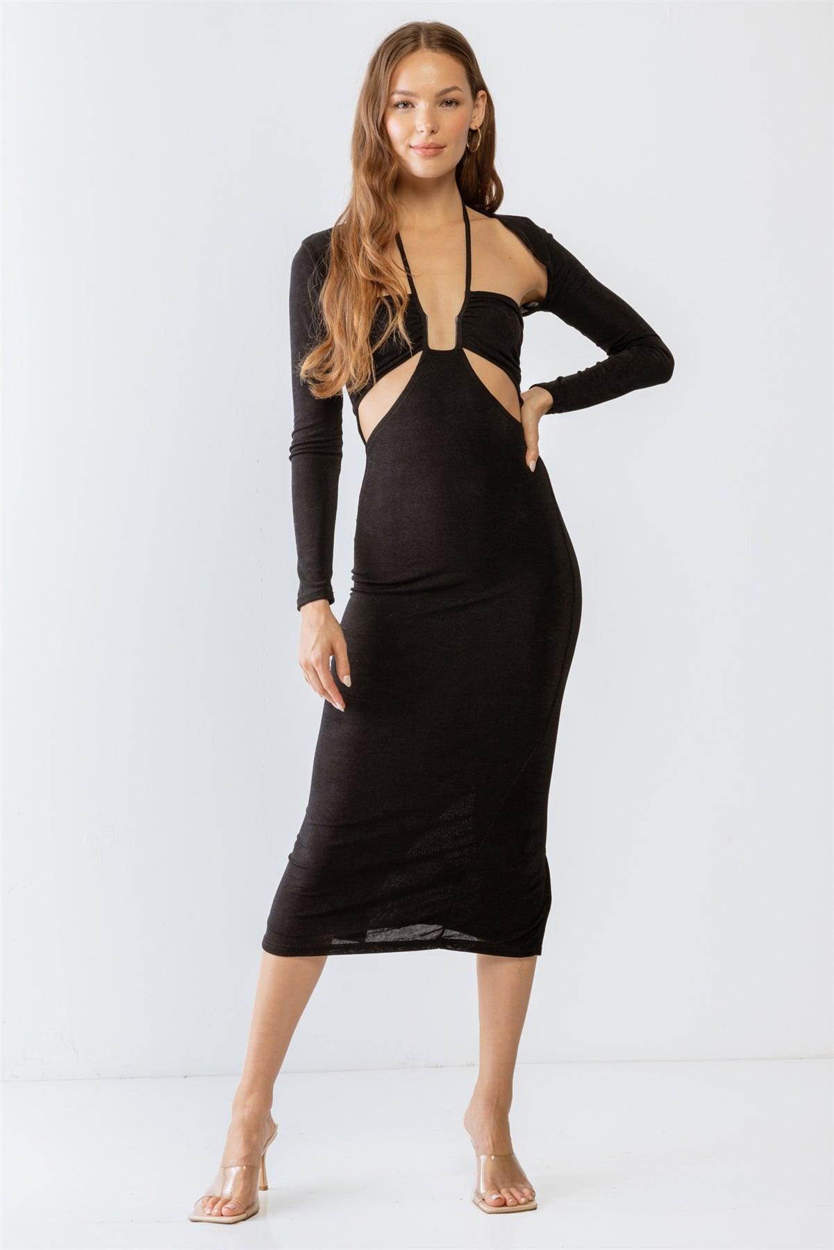 Black Cut-Out Sleeveless Midi Dress & Open Front Long Sleeve Cover-Up Set /3-2-2