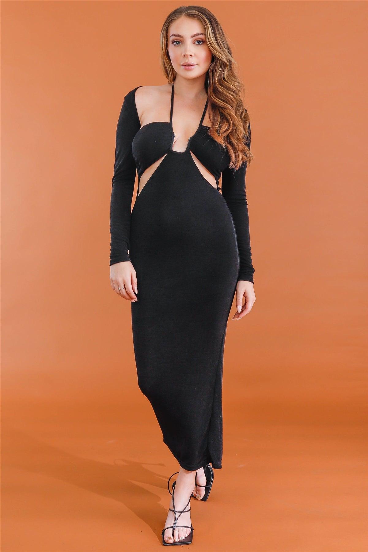 Black Cut-Out Sleeveless Midi Dress & Open Front Long Sleeve Cover-Up Set /3-2-2
