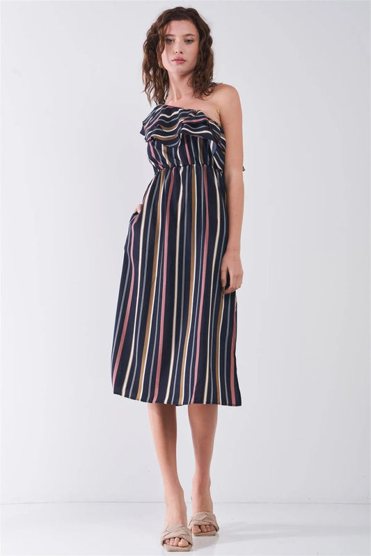 Navy Multicolor Stripe Sleeveless One-Shoulder Ruffle Detail Side Slit Midi Dress /3-2-1 - Tasha Apparel Wholesale