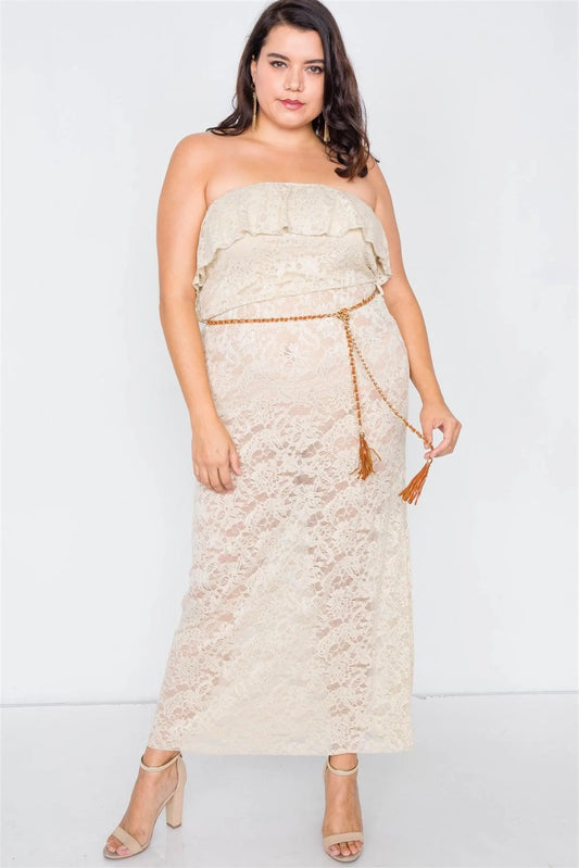Junior Plus Size Beige Sheer Floral Lace Tube Top Maxi Dress /2-2-1 - Tasha Apparel Wholesale