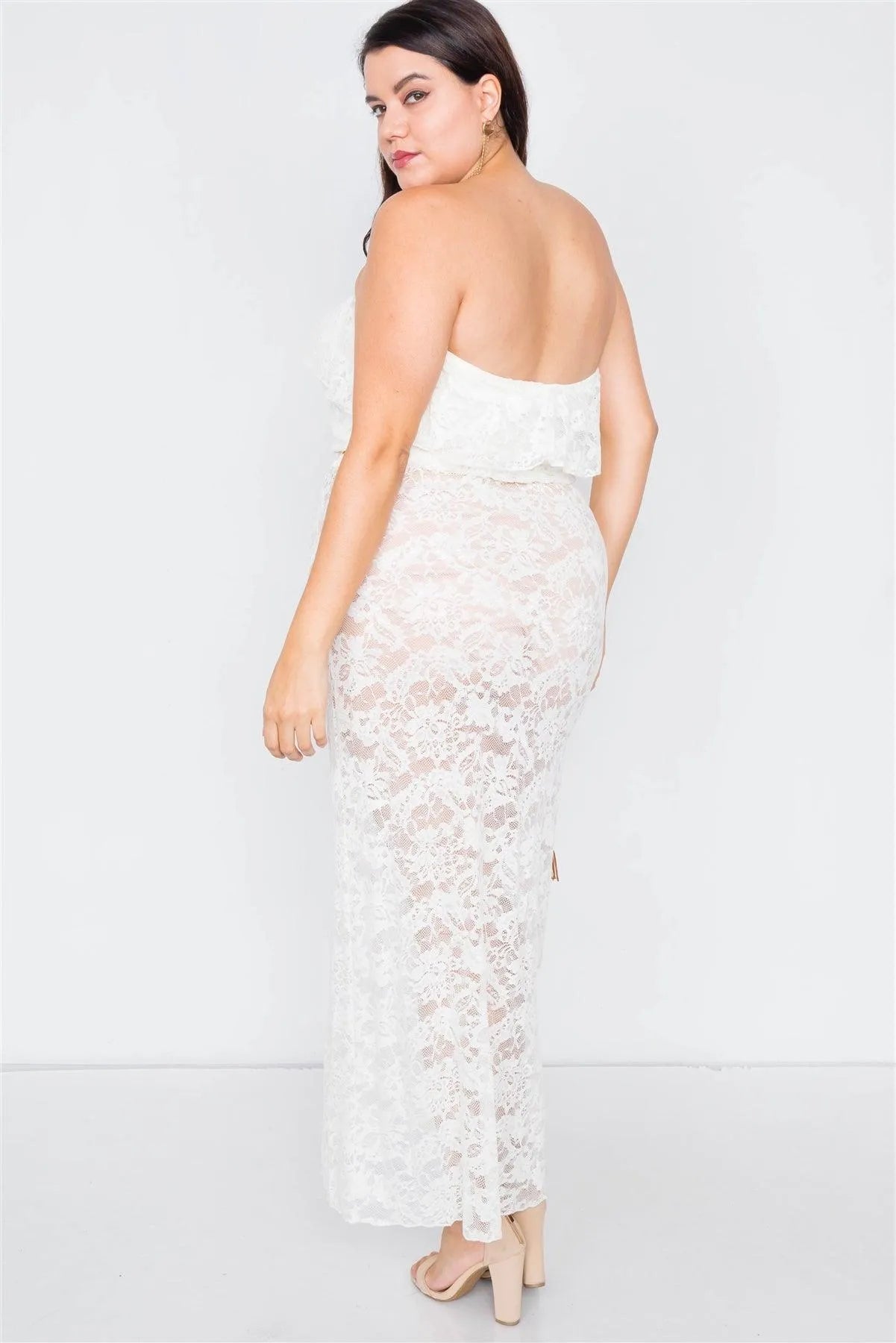 plus size ivory lace maxi dress Alie Street Claudia Lace Wedding Gown Bright Ivory