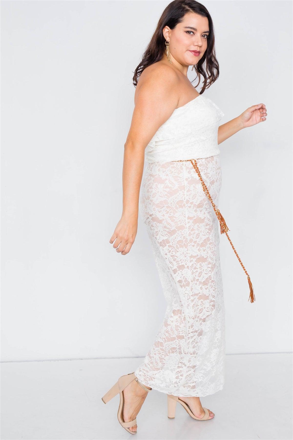 Junior Plus Size Ivory Sheer Floral Lace Tube Top Maxi Dress /3-2-1