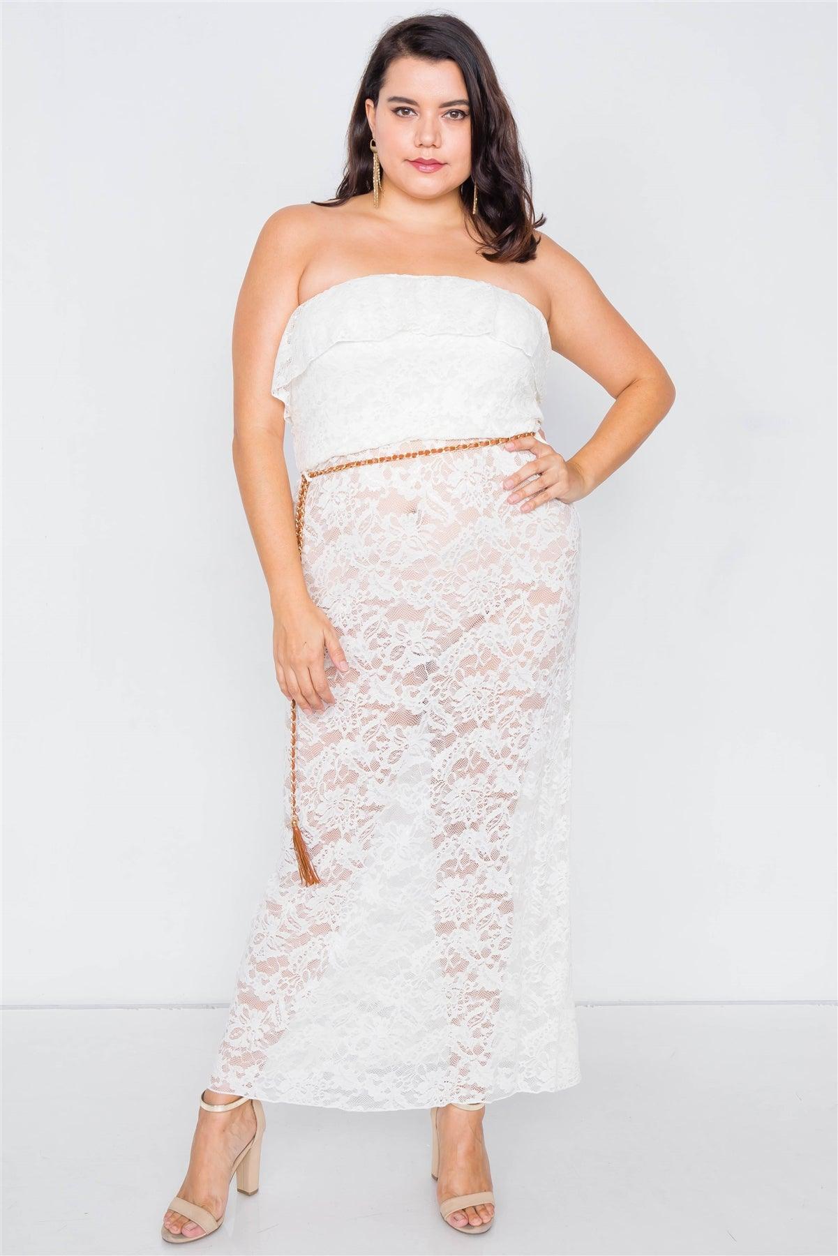 Junior Plus Size Ivory Sheer Floral Lace Tube Top Maxi Dress /3-2-1