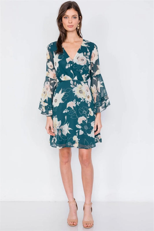 Green Floral Print Bell Sleeve Fit & Flare Mini Dress /2-2-2 - Tasha Apparel Wholesale