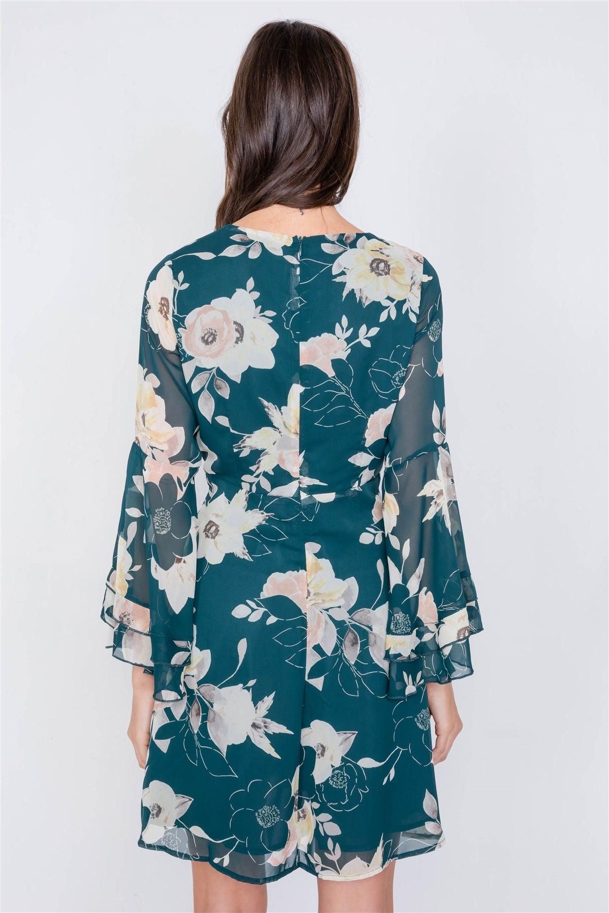 Green Floral Print Bell Sleeve Fit & Flare Mini Dress /2-1-3