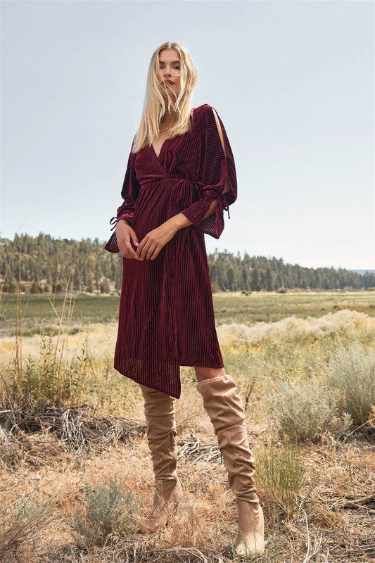 Wine Velvet Ribbed Asymmetrical Wrap V-Neck 3/4 Balloon Sleeve With Cut-Out Detail Midi Dress /2-2-1 - Tasha Apparel Wholesale